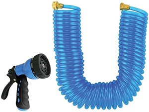lot 5436 image: Rocky Mountain Landscapers Select Coiled Garden Hose with 10 Pattern Spray Nozzle 50 Foot by 38in - Leakproof - Heavy duty UV stabilized - Drinking Water Safe - Solid brass fittings