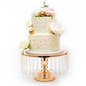 lot 5461 image: 12 Gold Round Metal Pedestal Cake Serving Stand with Crystal Pendants, Dessert Cupcake Pastry Candy Display Plate with Hanging Acrylic Crystals for Wedding Event, Birthday Party(Gold, 12 Inch)