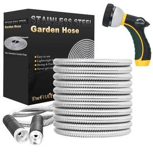 lot 5478 image: TheFitLife Flexible Metal Garden Water Hose - Upgrade Leak and Fray Resistant Design, Stainless Steel with Solid Fittings and Sprayer Nozzle, Lightweight Kink Free Durable Easy Storage (100 FT)