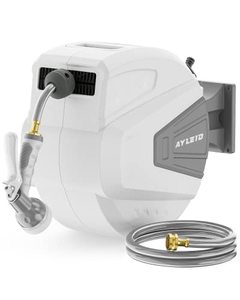 lot 7316 image: Ayleid Retractable Garden Hose Reel,12 in x 100 ft Wall Mounted Hose Reel, with 9- Function Sprayer Nozzle, Any Length LockSlow Return SystemWall Mounted180°Swivel Bracket (Grey) - Retail $144.25