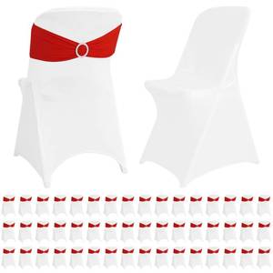 lot 9519 image: HAISIWLKJ 50 Sets Stretch Spandex Folding Chair Cover White and Chair Sashes with Buckle Slider Chair Bands Bows, Washable Chair Slipcovers for Wedding Banquet Party Events Dining Decoration(Red) - Retail $121.93