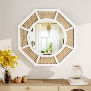lot 9606 image: THKSHOUZ 24in Large Rattan Wall Mirror Decoraive Boho Wall Decor Large Rattan Mirror Natural Woven Rattan Mirrors for Farmhouse,Living Room,Bedroom,Bathroom,White Frame - Retail $129.99