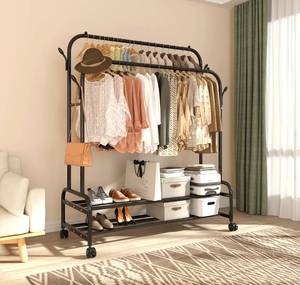 lot 9607 image: Antiwar Sturdy Metal Double Rodding Clothes Rack With Wheels, Portable Clothing Rack With Shelves & Hooks, Heavy Duty Garment Racks for Hanging Clothes, Multi-Functional Closet Rack for Bedroom, Black