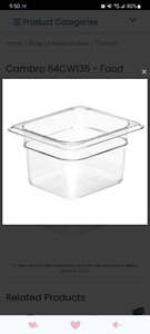 lot 2037070 image: Cambro 64CW135 - Food Pan, 1.6 qt. capacity, 4 deep, 16 size, polycarbonate, clear