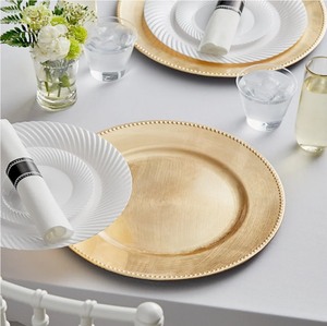 lot 2037354 image: Choice 13 Round Gold Beaded Rim Plastic Charger Plates (4 Pack)