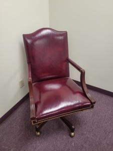 lot 3625009 image: Burgundy Leather Open Arm Desk Chair with Brass Nail Head Trim