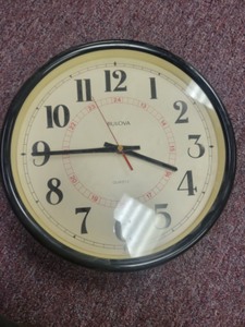 lot 3625147 image: 13in. Bulova C4563 Quartz Wall Clock Black Off White Dial Classic Mint Cond.