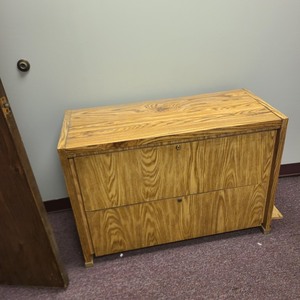 lot 3625250 image: Large Wooden Oak Two Drawer Locking Storage Cabinet - 41.5in x 18in