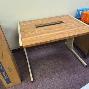 lot 3625332 image: Metal Leg Adjustable Wooden Top Desk with Center Cutout