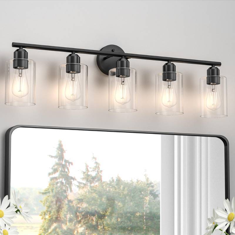 lot 42478 image: Espird Bathroom Vanity Light Fixtures Matte Black Bathroom Lighting Fixture, 5 Lights Bathroom Light Fixture Over Mirror, Modern Black Vanity Light, Wall Sconces with Glass Shades Retail $80
