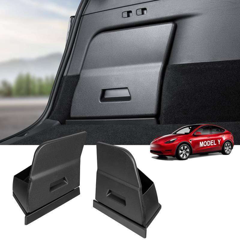 lot 42513 image: KUNIST Rear Trunk Side Storage Box Tray Organizer for Tesla Model Y 5-Seater ABS Storage Box with Lids Tesla Interior Accessories(2 Pack) Not for Fremont & Austin & Berlin Model Y. Retail $100