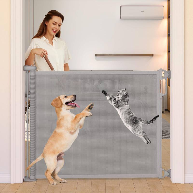 lot 42543 image: Retractable Baby Gate, Momcozy Extra Wide Mesh Baby Gates for Stairs, 41 Tall, Extends to 71 Wide, Black, Pet Dog Gate for Doorways, Stairs, Hallways, IndoorOutdoor Retail $60
