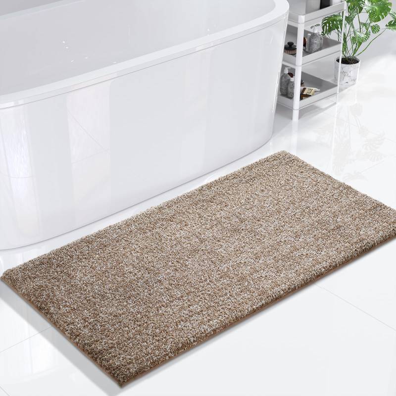 lot 42671 image: Yimobra Bathroom Rugs Mat, Extra Soft Comfortable Bath Rugs, Non-Slip, Water Absorbent and Thick Bathroom Floor Mats, Machine Washine, Shaggy Rugs for Shower Bathtubs, 60 x 24, Brown&White Retail $41