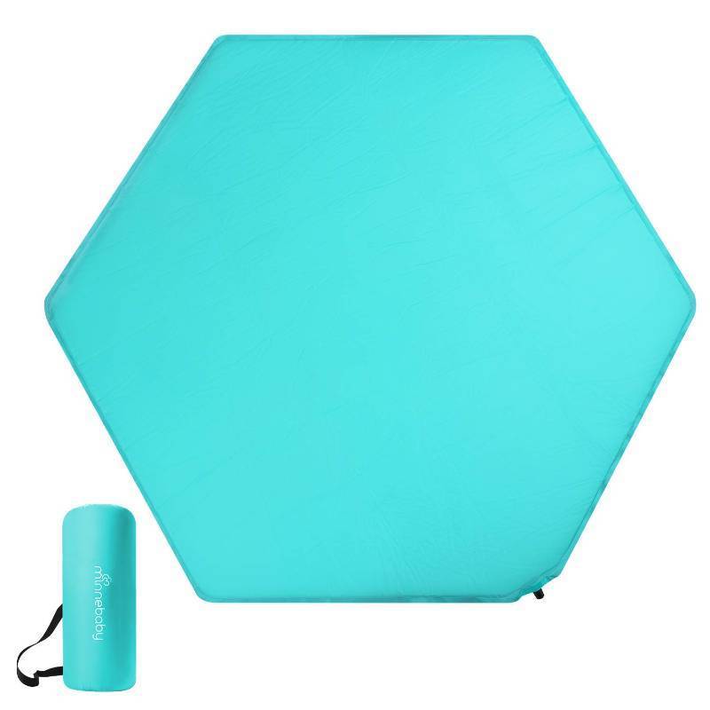 lot 42173 image: Minnebaby Hexagon Playpen Mat Compatible with Graco Traveler Playard & Regalo Play Yard, Self Inflating Playard Pad, Comfortable and Portable Playmat with Carrying Bag - Aqua Retail $40
