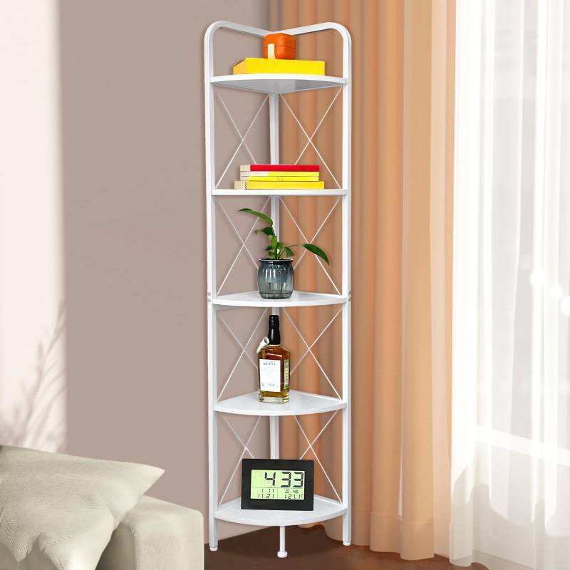 lot 42275 image: daooap 5 Tier Corner Shelf Stand, Tall Corner Bookshelf Wood and Metal Corner Storage Rack Plant Stand for Living Room, Office, Kitchen, Small Space, 12.2 D x 12.2 W x 62.6 H (White) Retail $60