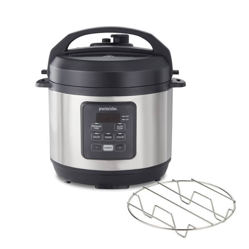 lot 42345 image: Proctor-Silex Simplicity 4-in-1 Electric Pressure Cooker, 3 Quart Multi-Function With Slow Cook, Steam, Saut�, Rice, Stainless Steel (34503) Retail $70