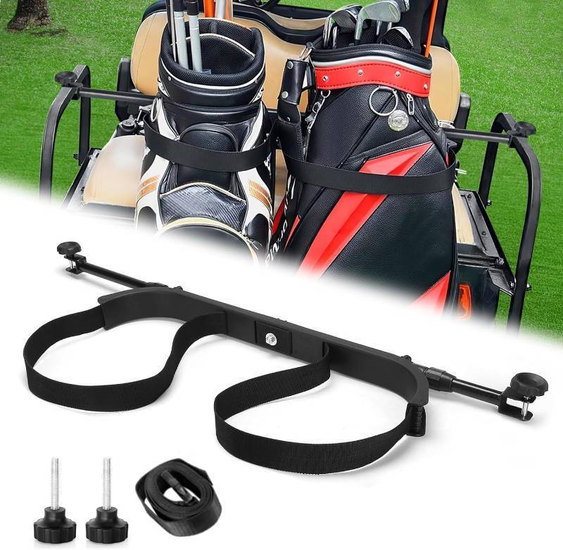 lot 42370 image: 10L0L Universal Golf Bag Holder Attachment - No-Drilling Required, Adjustable Rear Seat Golf Cart Club Holder for Yamaha EZGO Club Car Retail $85