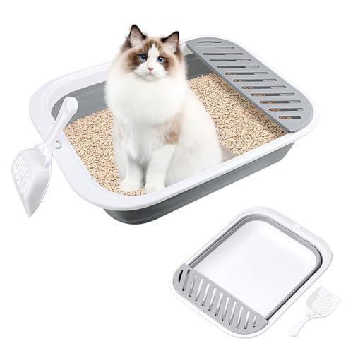 lot 41855 image: Cat Litter Box for Travel, 18x14 Grey Small Litter Box for Open Foldable Waterproof Litter Pan,Kitty Litter Box Easy to Clean and Assemble, Portable Litter Box with Scoop