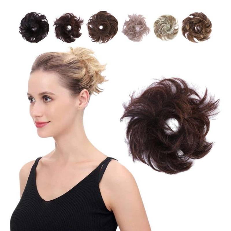 lot 41729 image: Juvabun Small Messy Bun Hair Piece - Medium Brown Curled Hair Bun Scrunchie  Everyday Wear  Washable & Realistic Synthetic Hair Bun Scrunchie - Medium Brown Retail $24