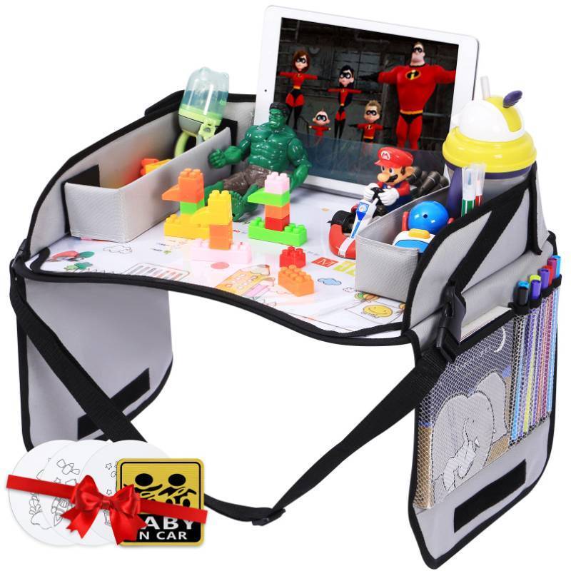 lot 41777 image: Innokids Kids Travel Lap Tray Children Car Seat Activity Snack and Play Tray Desk with Erasable Surface, iPad & Tablet Holder, Detachable Organizers for Cars, Planes & Baby Stroller (Gray) Retail $23