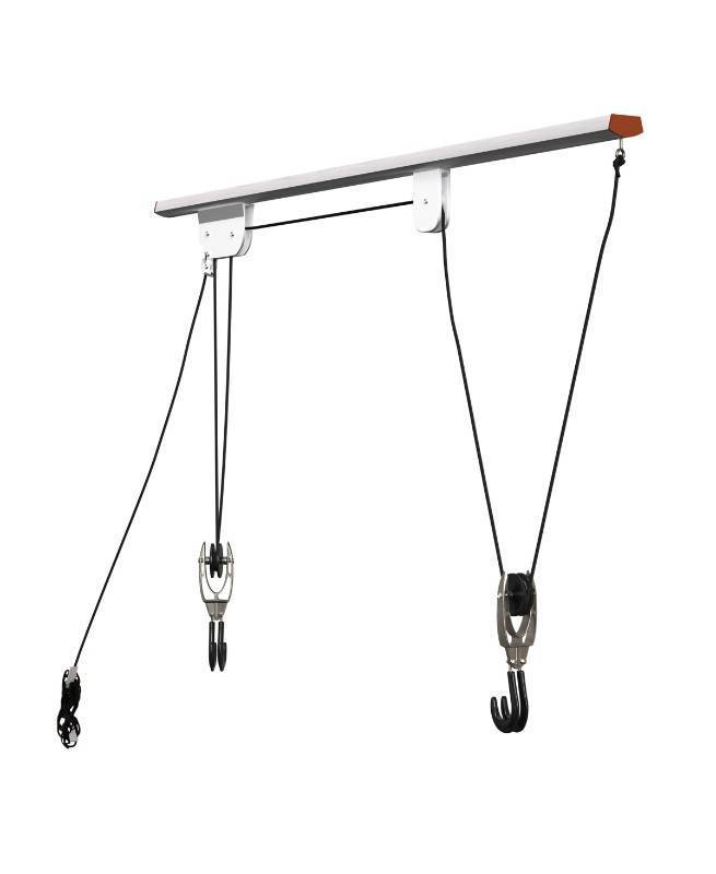 lot 41589 image: Rail Mount Hoist Pulley System - Bike Hanger for Garage w 75lb Capacity (Silver) Retail $45