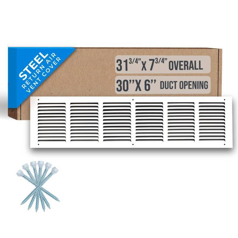 lot 41372 image: Handua 30W x 6H Duct Opening Size Steel Return Air Grille (HD Series) Vent Cover Grill for Sidewall and Ceiling, White  Outer Dimensions 31.75W X 7.75H for 30x6 Duct Opening. Retail $36