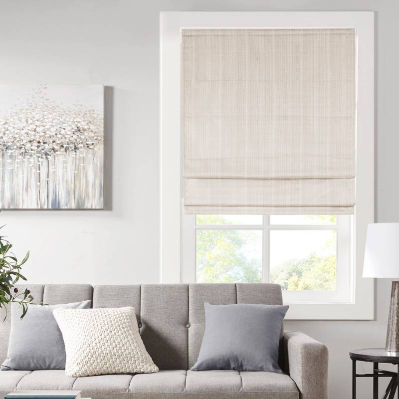 lot 41407 image: Madison Park Galen Cordless Roman Shades - Fabric Privacy Single Panel Darkening, Energy Efficient, Thermal Insulated Window Blind Treatment, for Bedroom, Living Room Decor, 27 x 64, Ivory Retail $60