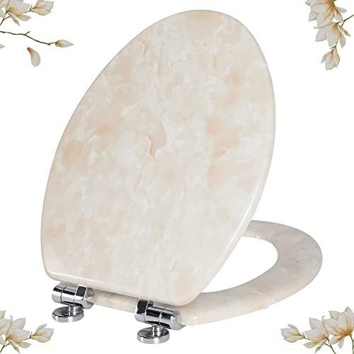 lot 27833 image: Angel Shield Marble Toilet Seat Durable Molded Wood w Quiet Close (Elongated, Beige Marble) Retail $49