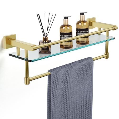 lot 27785 image: SFGSOWOR 21 Inch Glass Shelf for Bathroom w Towel Rack (Brushed Gold) Retail $55