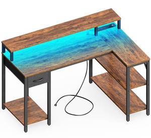 lot 42733 image: SUPERJARE 47 inch Reversible L Shaped Desk with LED Lights & Power Outlets, Computer Desk with Shelves & Monitor Stand, Gaming Desk with Drawer, Home Office Desk Corner Desk, Rustic Brown Retail $160