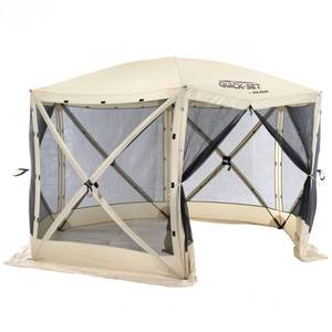 lot 42698 image: CLAM Quick-Set Escape 11.5 x 11.5 Foot Portable Pop-Up Outdoor Camping Gazebo Screen Tent 6-Sided Canopy Shelter with Ground Stakes & Carry Bag, Tan Retail $295