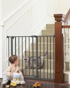lot 42766 image: InnoTruth 28.9-42.1 Wide Baby Gate for Stairs, 30 Tall Dog Gates for Doorways Expandable One-Hand Open, Easy Walk Through Dual Lock Metal Pet Gates for Dogs, Black-Family & Moms Choice Award Winner Retail $49