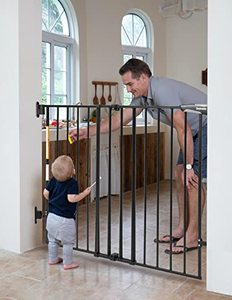 lot 42771 image: Babelio 34 Extra Tall BabyDog Gate with No Threshold Design Walk Thru Door, 26-43 Auto Close Safety Gate for Babies, Elders and Pets, Fits Doorways, Stairs, and Entryways, Black Retail $90