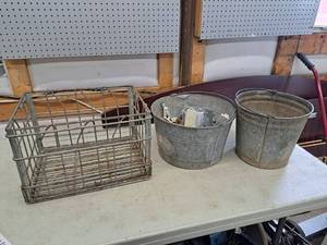 lot 4422 image: metal crate and 2 galvanized buckets