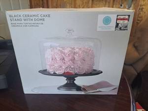 lot 4458 image: Black ceramic cake stand with dome
