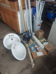 lot 4507 image: Assorted Home Repair Items - Sinks, Shower Head, Carpet Trim and Curtain Rods in Pet Food Keeper