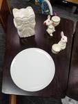 ANGEL FLOWER VASE, R RABBIT CANDLE HOLDERS & 1 CHINA PLATE