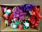 BOX FULL OF BOWS, RIBBON.  LOTS OF THE BOWS ARE NEW