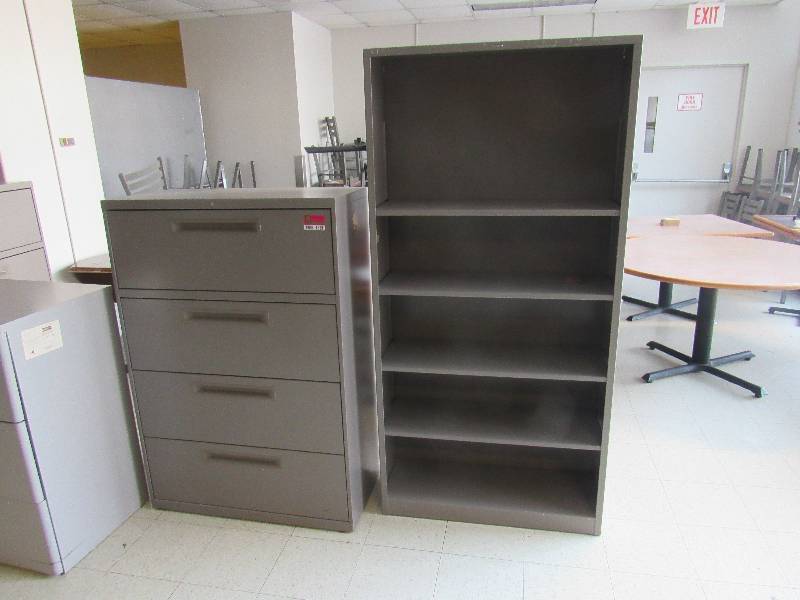 lot 1338 image: Lot Of Lateral Metal Filing Cabinets & Book Shelf