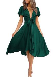 lot 3321 image: miduo Womens Satin Summer 2024 V Neck Ruffle Short Sleeve Dress Tie Front High Waist Midi A-Line Party Swing Dresses Green M