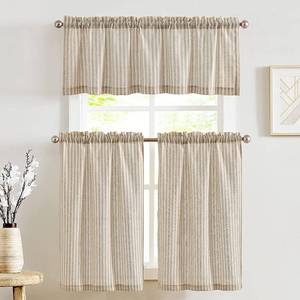 lot 3351 image: jinchan Kitchen Curtains and Valances Set Striped Tier Curtains Ticking Stripe Linen Curtains Pinstripe Cafe Curtains 24 Inch for Living Room Bathroom Farmhouse 3 Pieces Set Rod Pocket Taupe on Beige