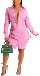 lot 3354 image: Pink Sexy Shirt Dress for Women Long Sleeve Long T-Shirts Button Down Tops Collar Loose Ruched Wrap Blouse Mini Dresses with Pockets X-Large