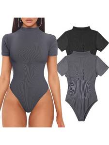 lot 3355 image: OQQ Womens 2 Piece Bodysuits Sexy Ribbed Short Sleeve Turtle Neck Tops Bodysuits Black Darkgrey, Medium