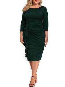 lot 3356 image: Plus Size Dresses for Curvy Women Fall Semi Formal Wedding Guest Cocktail Party Bodycon Work Midi Dress for Women,Green
