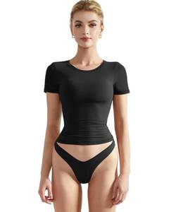 lot 3358 image: SUUKSESS Women Double Lined Fitted Basic Tee Shirts Crew Neck Short Sleeve Y2K Going Out Crop Tops (Jet Black, M)