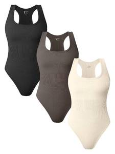 lot 3360 image: OQQ Womens 3 Piece Bodysuits Sexy Ribbed Sleeveless Racerback Tank Tops Bodysuits Black Tea leaf Beige Small