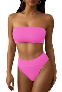 lot 3361 image: Pink Queen High Waisted Bikini Sets for Women 2 Piece Ribbed Bandeau Bikini High Cut Bating Suit Swimsuit Pink S
