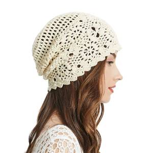 lot 3363 image: ZLYC Women Cotton Crochet Slouchy Beanie Hat Handmade Knit Cutout Summer Floral Skull Cap (Solid Beige)