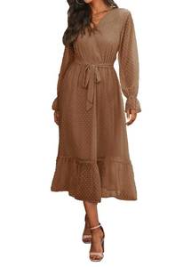 lot 3417 image: BTFBM Womens Casual Party Dresses 2024 Spring Summer Long Sleeve Wrap V Neck Swiss Dot Swing A-Line Maxi Dress with Belt(Swiss Dot Brown, X-Large)
