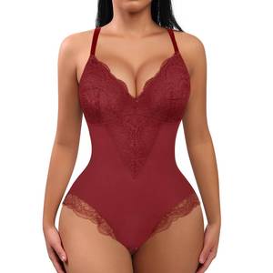 lot 3420 image: FeelinGirl Lace Shapewear Bodysuit for Women Body Suit Body Shaper One-Piece Fajas Red Small